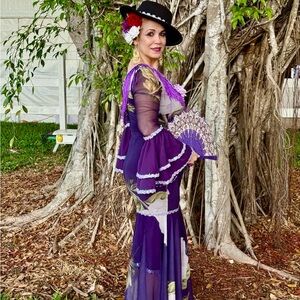 Purple Floral Mesh Maxi Dress with Ruffle Sleeves